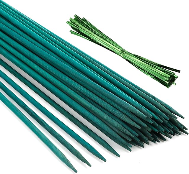 Pllieay 30CM Green Bamboo Sticks with 60 Pieces Green Metallic Twist Ties, Green Plant Stake, Floral Picks, Wooden Sign Posting Garden Sticks, Plant sticks, Plant Stake