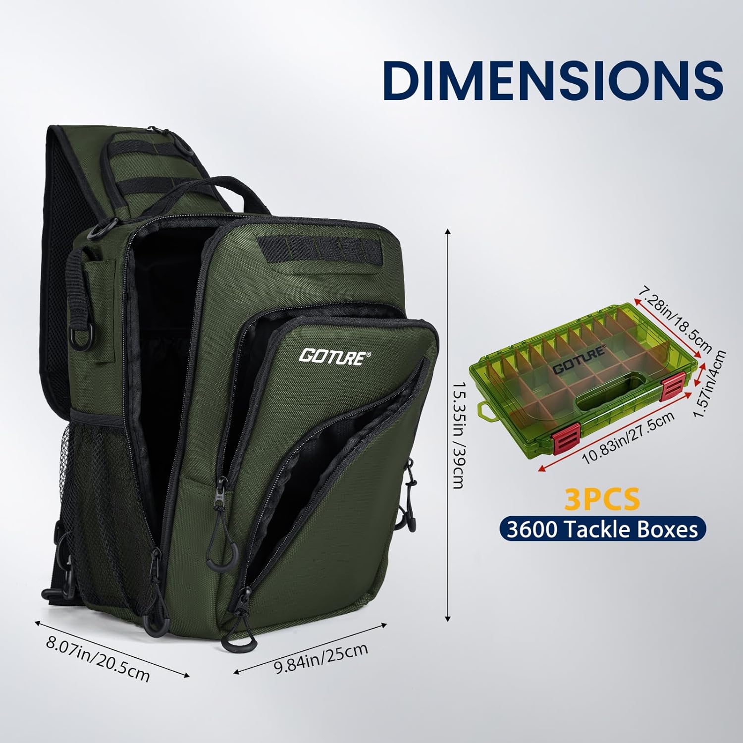 Goture Green Tactical Sling Fishing Bag with Trays, Heavy Duty 1680D Fishing Backpack for Hiking Camping, Adjustable Shoulder Strap with Rod Holder & Tool Pockets, Tackle Box Organizer Bag