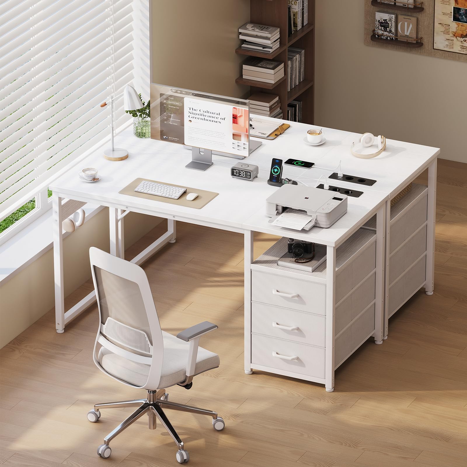 ODK Kleiner Schreibtisch mit 3 Schubladen aus Stoff, 100x48x75,5 cm Computertisch mit 2 Steckdosen und USB-Anschlüssen, Umkehrbarer PC-Schreibtisch Bürotisch für kleines Home Office, Weiß