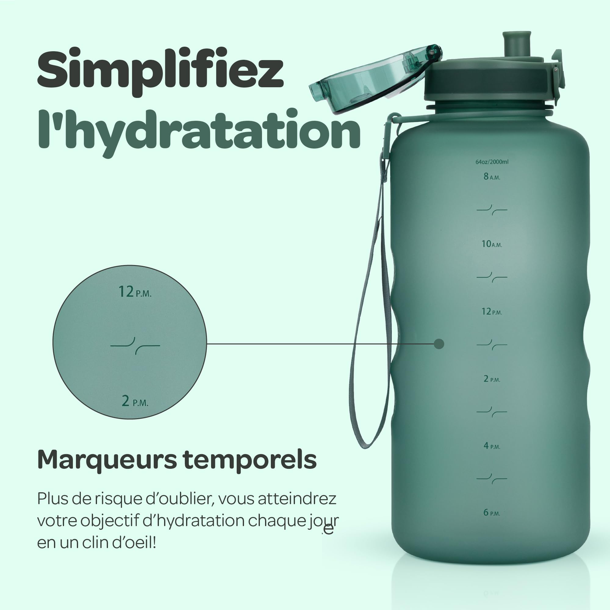 Hydracy Bouteille d'Eau 2L sans BPA avec Marqueur de Temps, Infuseur, Verrouillage Sécurisé, Housse Néoprène, Étanche, Anti-Fuite, Réutilisable, Légère