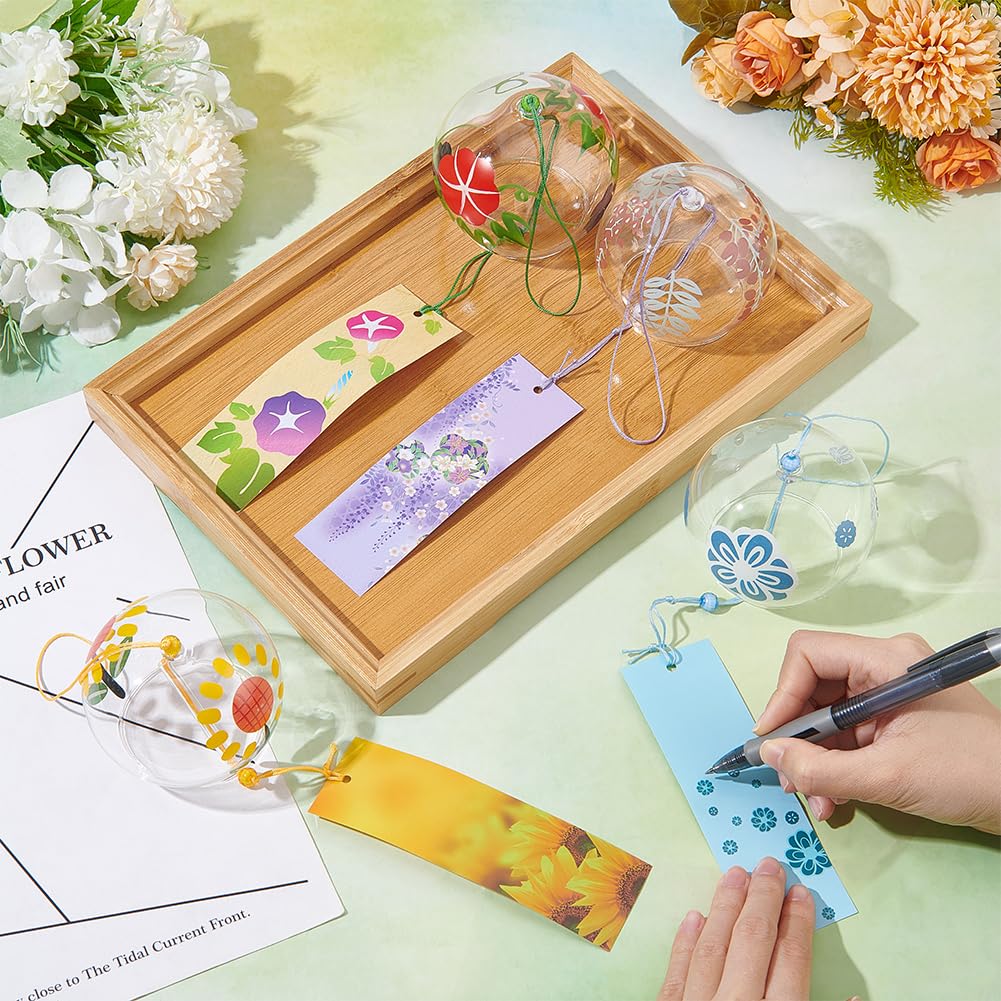 BENECREAT 4 pz Campanelli Eolici Rotondi In Vetro Giapponese, Cielo Blu, Lilla, Colorato, Campanelli Eolici con Motivo Floreale Giallo con Ciondolo In Carta Da Preghiera, per Il Giardino