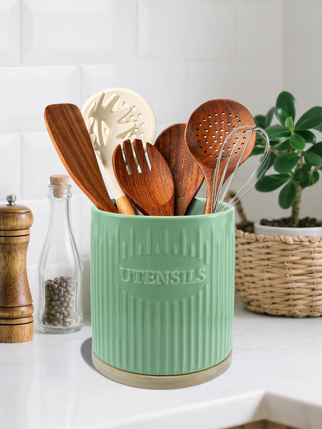 360° Rotating Utensil Holder, 7.6" Large Ceramic Kitchen Utensil Holder for Countertop with Bamboo Base, Stable Utensil Organizer, Farmhouse kitchen Decor, Green