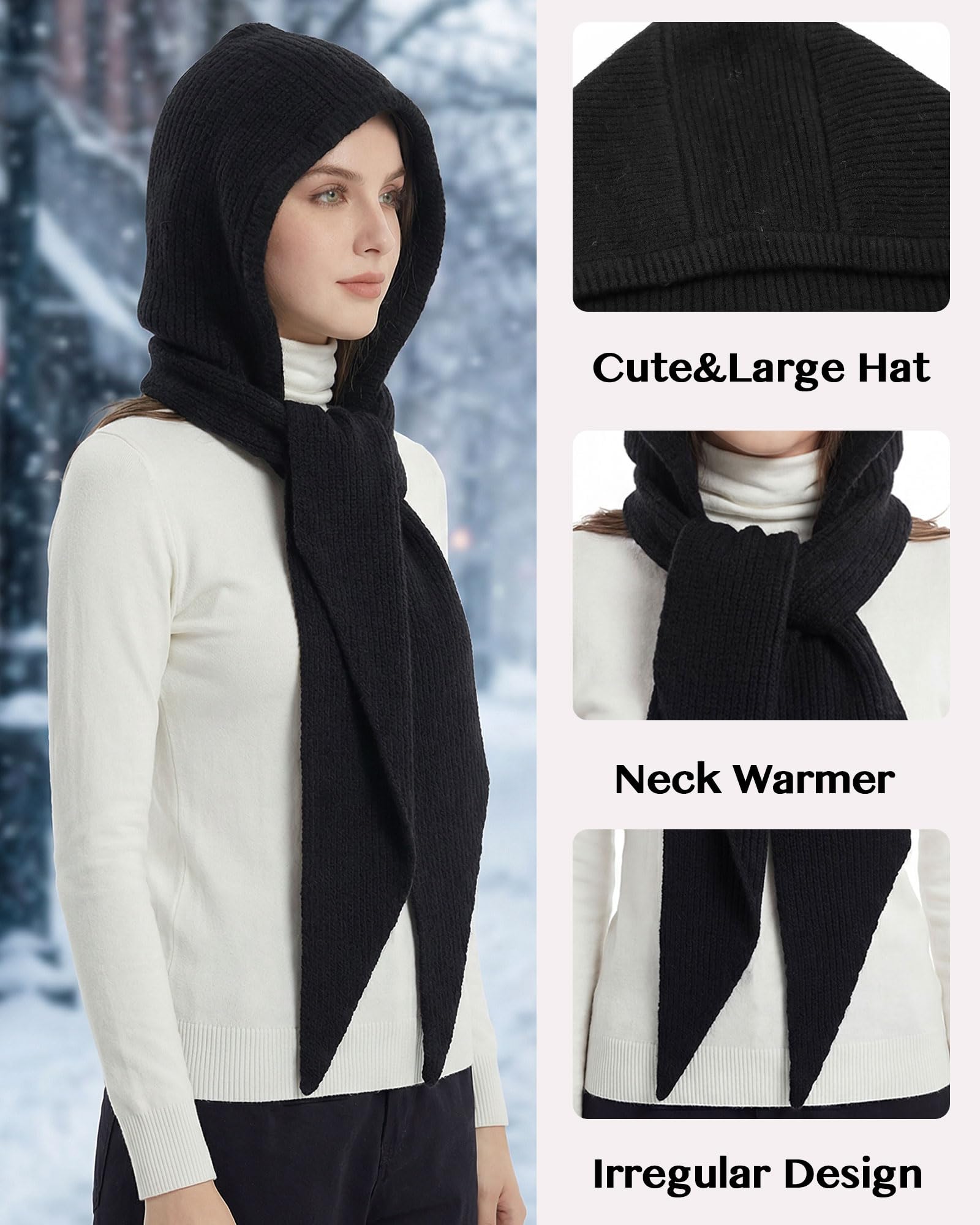 Baonmy Women’s Winter Balaclava Hat 2 in 1 Hooded Scarf Cover Ears with Scarf Knitted Beanie Cap Hat Windproof Neck Warmer - 4