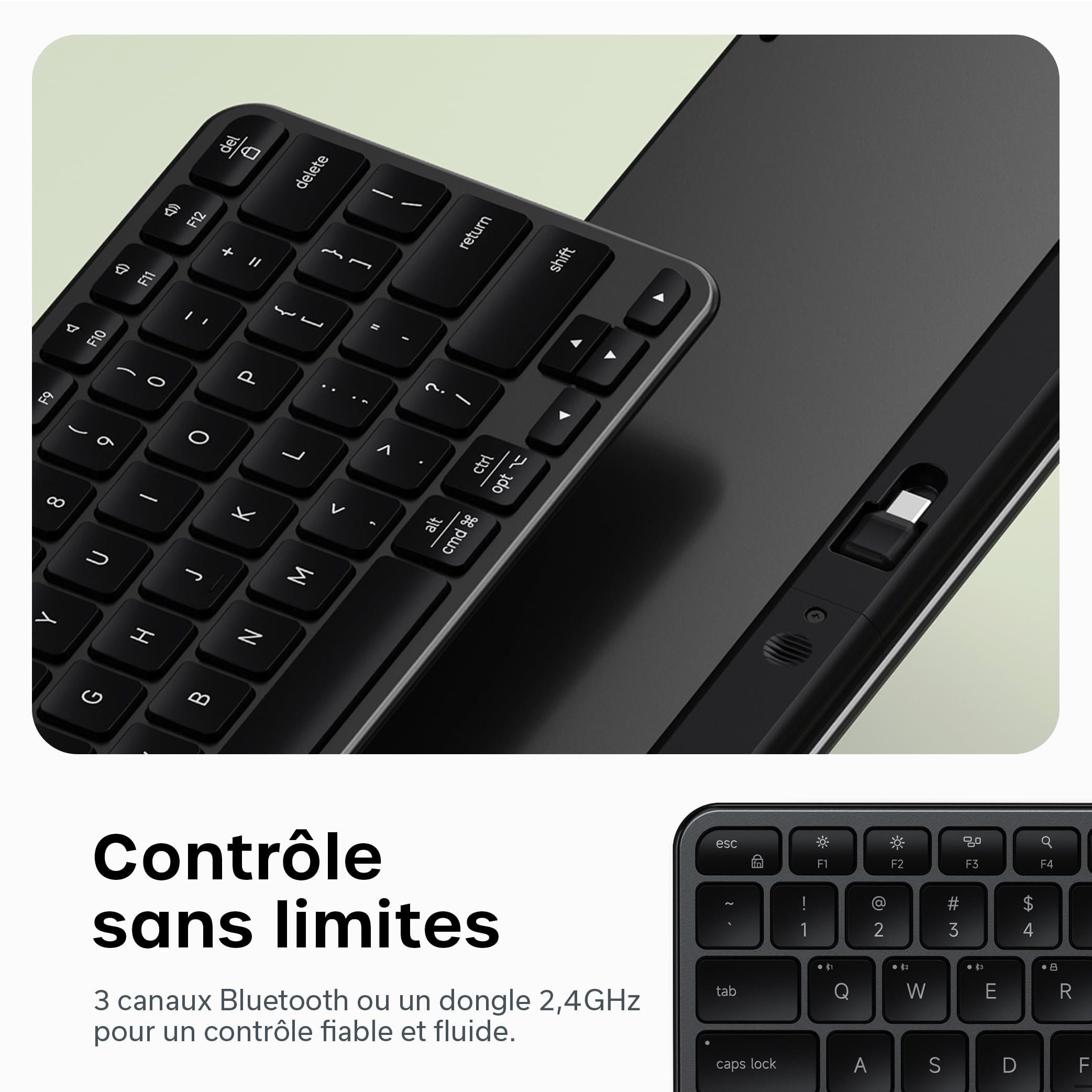 Satechi Clavier sans Fil Slim EX1, Distribution 𝗤𝗪𝗘𝗥𝗧𝗬 𝗨𝗦, Bluetooth Multi-Appareils 4 en 1, Récepteur 2,4 GHz, Rechargeable USB-C pour Mac, Windows et Android – Noir Sidéral