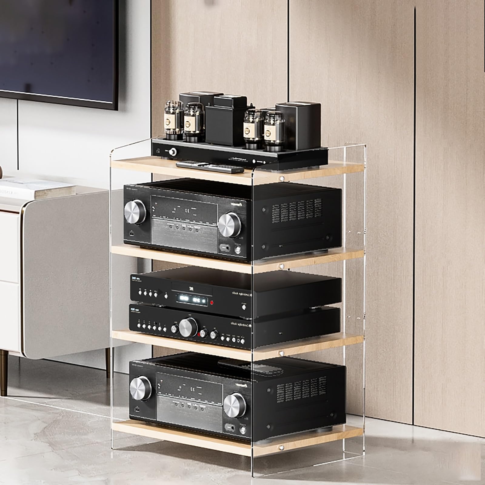 Wysoki stojak na multimedia, półka do gier, szafka na sprzęt audio-wideo, rozrywkowy stojak stereo, wieża multimediów AV, półka narożna do salonu, pokoju gier, studio, sypialni, oryginalne drewno