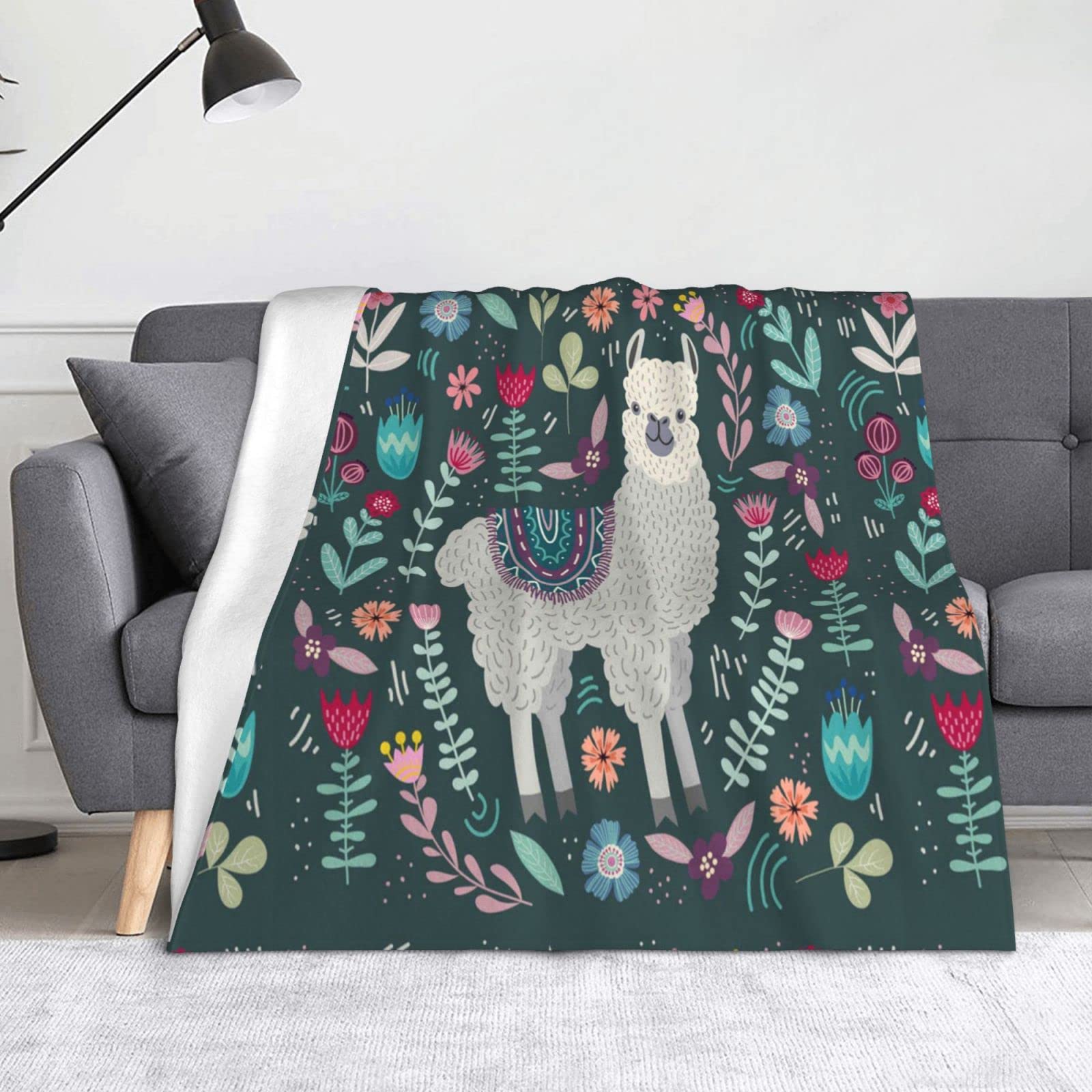 Couverture polaire imprimée alpaga et fleurs pour lit et canapé toutes saisons