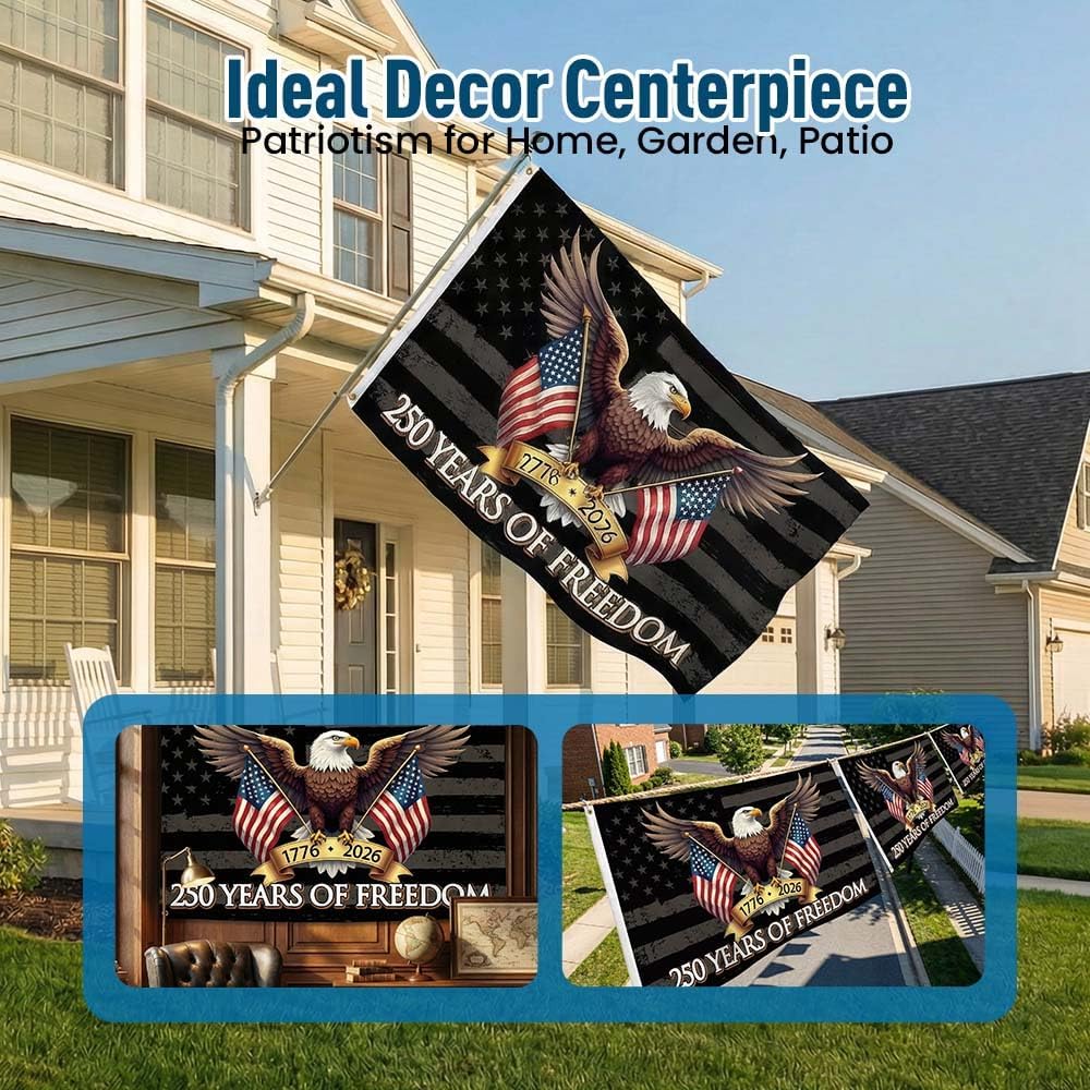 250 Years American Flag for Outside 3x5 Ft, 250th Anniversary American Banner with FlagBrass Grommets, Double Sided 250th Anniversary Eagle Flag for Home, Garden, Porch (Black-01+Black-02)