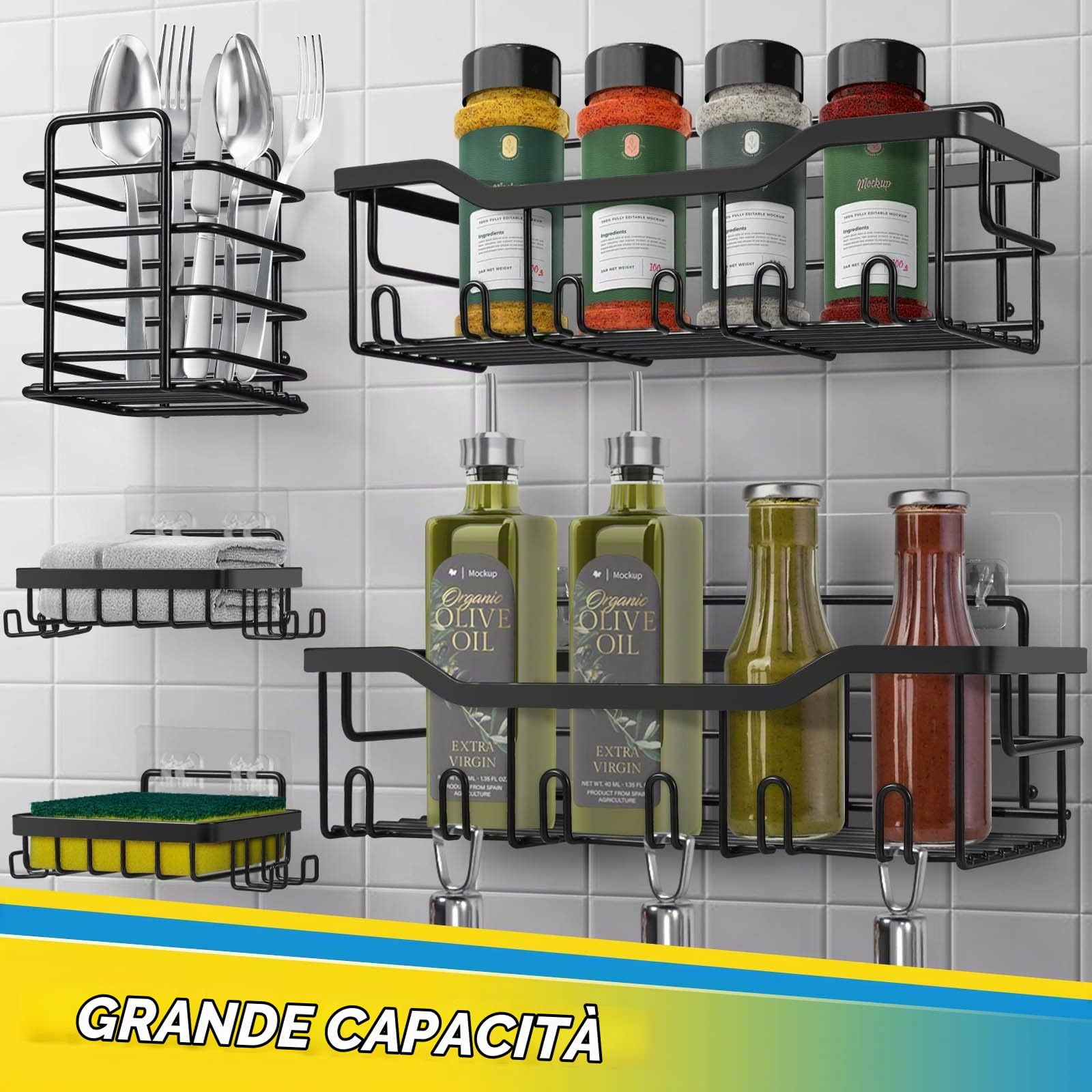 Mensola Doccia, 5 Pezzi Mensola Doccia Senza Foratura, Mensole Bagno in Acciaio Inox 304, Mensola Bagno Accessori Bagno, Portasapone Doccia Adesiva Portaoggetti Doccia, Nero Mensole Doccia