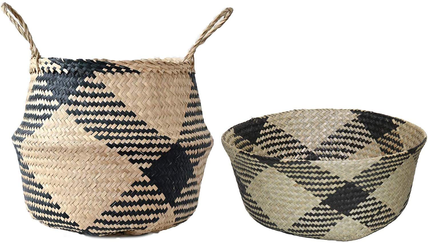 Cesto in erba marina, vaso per fiori, cesto in paglia, cesto per biancheria, pieghevole, grande cestino portaoggetti con manico per cameretta, bagno (D#38CM*34CM)