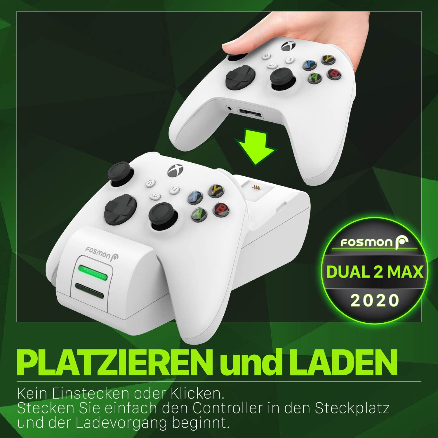 Fosmon DUAL 2 MAX Ladestation Kompatibel Mit Xbox Series X/S (2020), Xbox One X S Elite Controllers, Docking Station + 2 x 2200mAh Wiederaufladbare Batterie Ladeschacht Station - Weiß