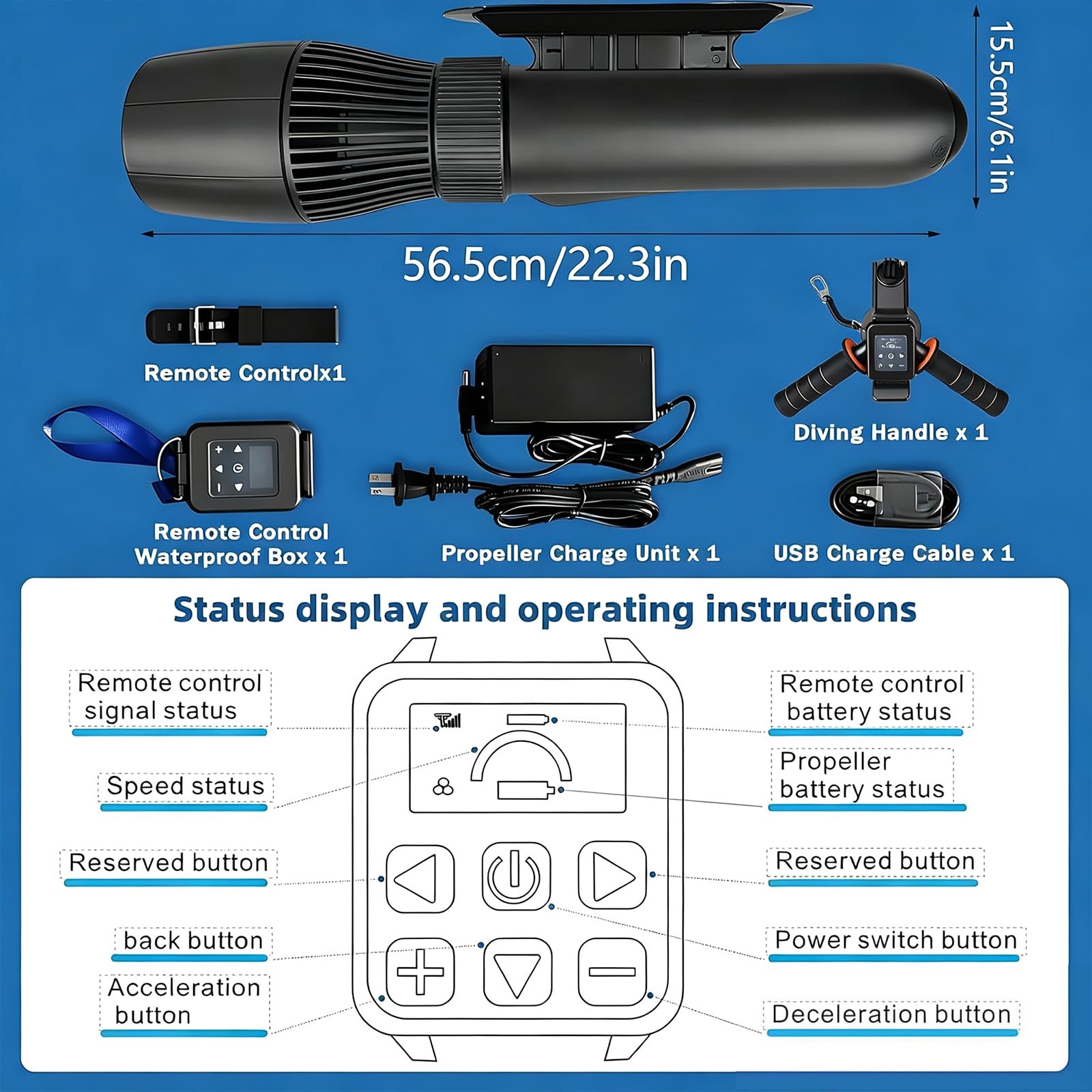 Scooter Subacuático Eléctrico, Scooter de Buceo 9 Velocidades | Autonomía 50 Min, Velocidad 7km/h, Profundidad 40m, Accesorios Paddle, Motor SUP para Buceo, Snorkel y Kayak