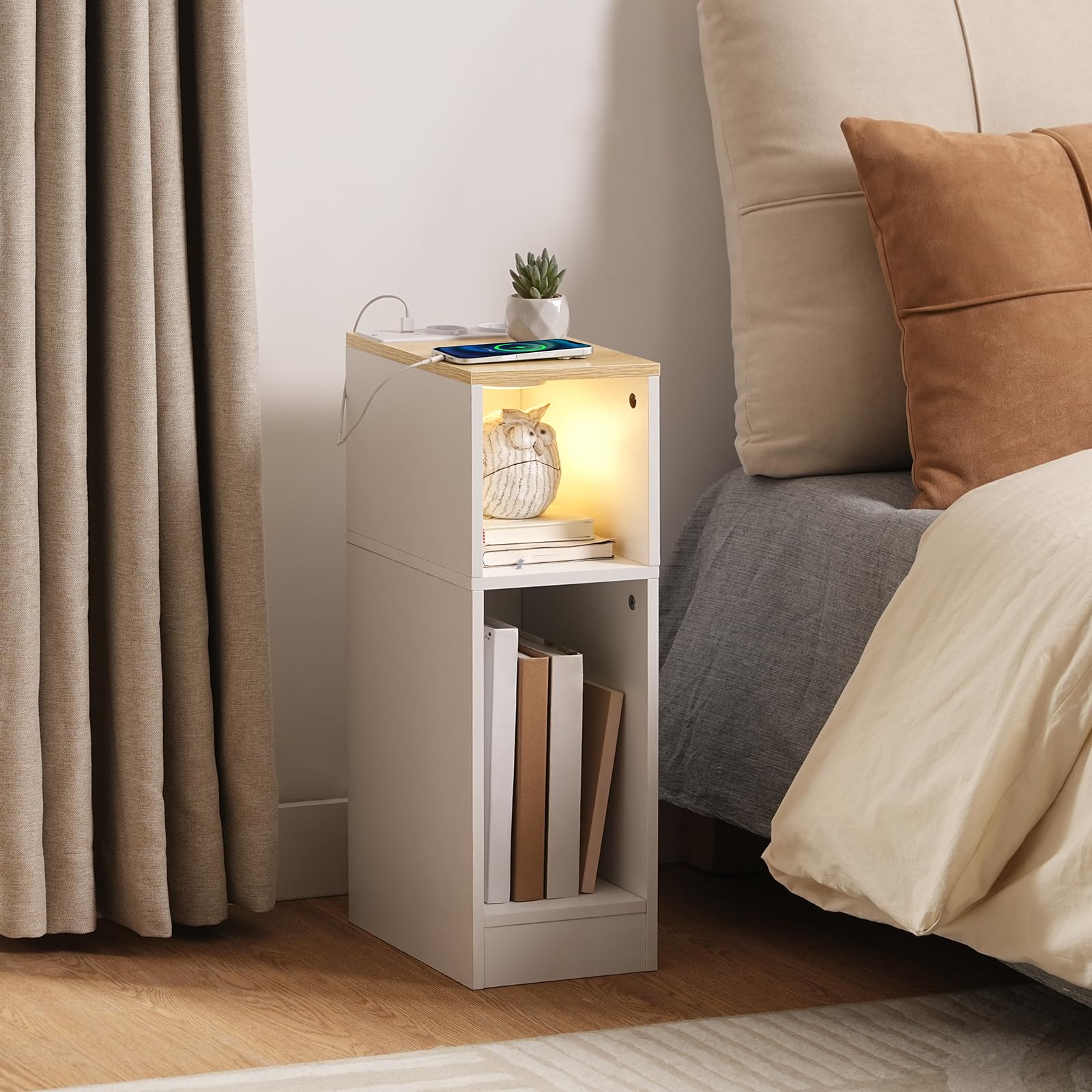 MAHANCRIS Beistelltische mit Ladestation, 2er-Set, Nachttische mit Sensor-LED-Licht, Couchtische, für Kleine Räume, Wohnzimmer, Schlafzimmer, Braun und Weiß AETNW25UE01S2N1