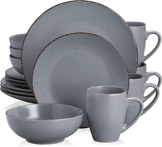 vancasso Series Moda, Matte Dinner Set Grey Dinner Service, 16-Piece Ceramic Dinnerware Tableware Stoneware Crockery with 11in Dinner Plate, 8in Dessert Plate, 7in Bowl and 14oz Mug