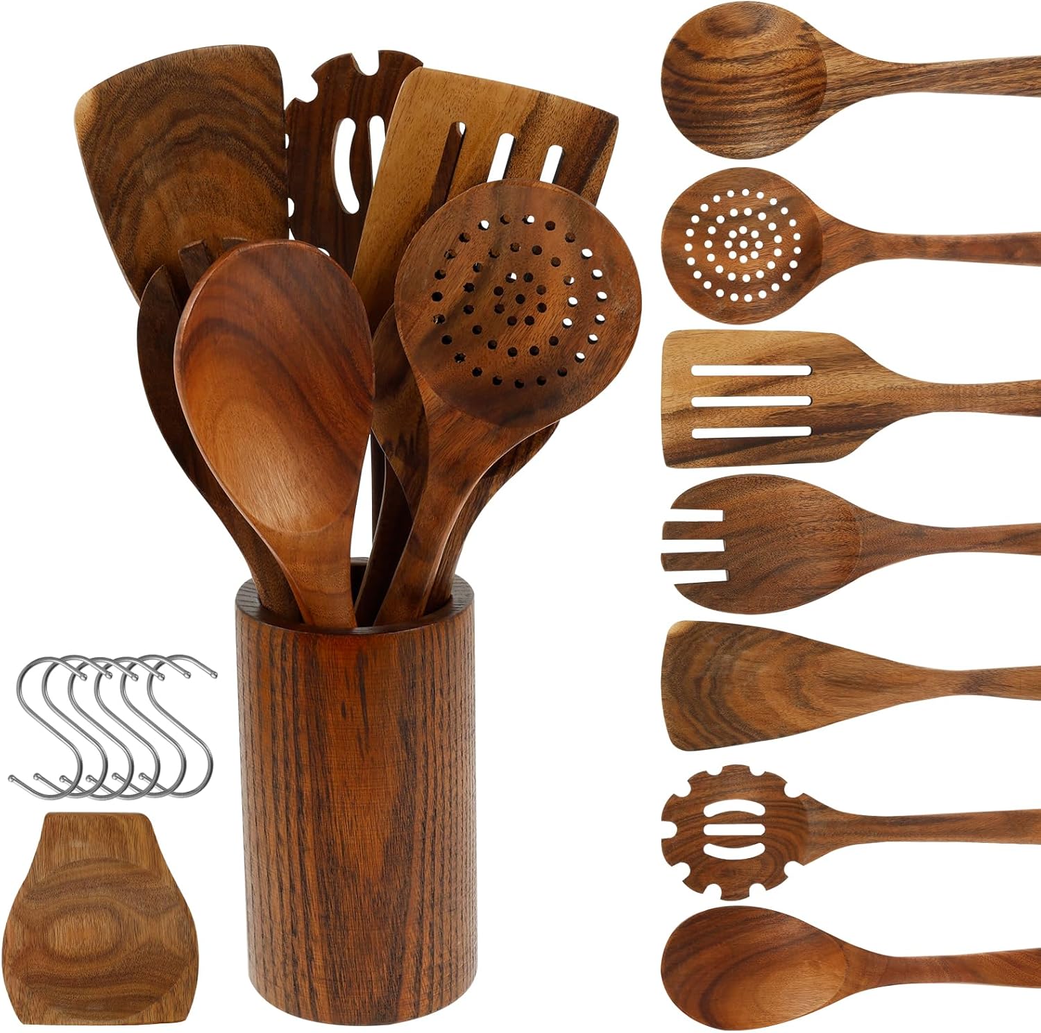 9 Pcs Wood Utensil Set, Teak Wood Kitchen Cooking Utensil Set, Kitchen Kit Practical Cookware Kit for Home Everyday Use