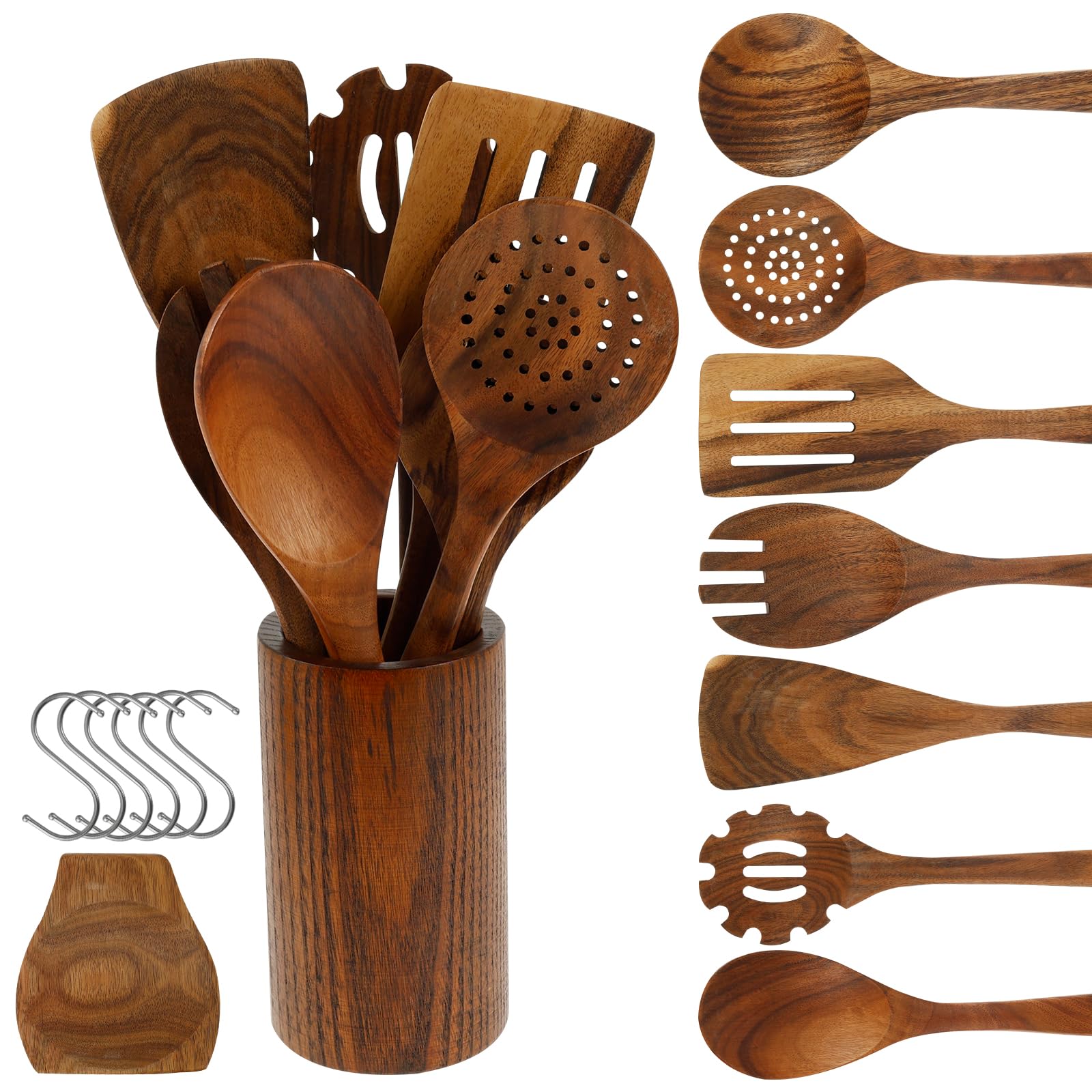 Set di 16 utensili da cucina in legno, utensili da cucina, in legno di teak con spatola, spatola in legno, cucchiaio da insalata, mestolo, cucchiaio da portata, setaccio, set di posate da
