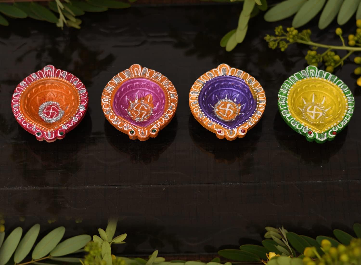 Collectible India Clay Diyas Diya Deepak Colorful Set Earthen Diwali Decoration Puja - Handpainted Diya for Home Indoor Outdoor Diwali Handmade (Set of 4) (4)