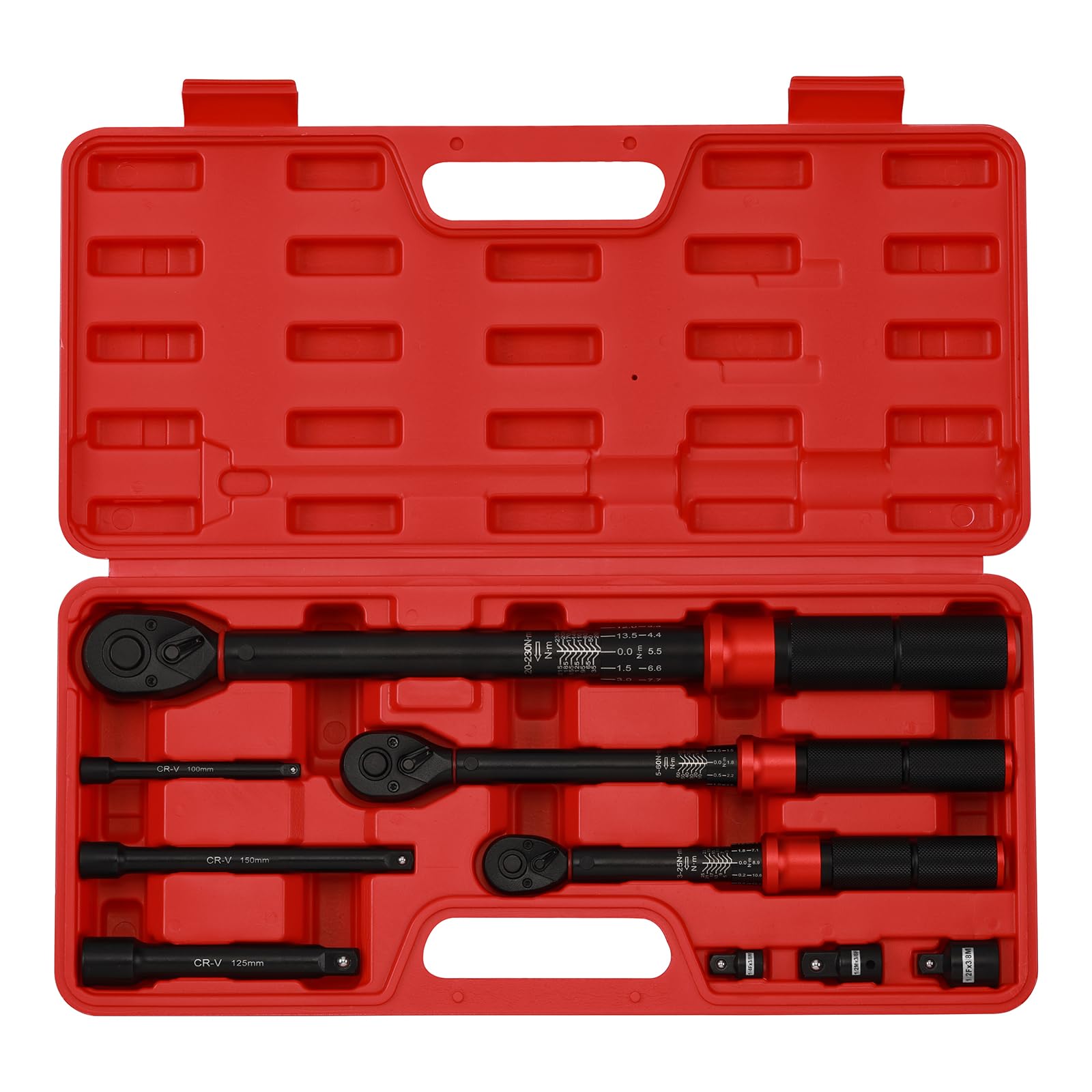 MIXPOWER 9 PCS Torque Wrench Set, 1/4" Dr. 3-25 Nm, 3/8" Dr. 5-60 Nm, 1/2" Dr. 20-230 Nm, with Adapter and Extension Bar, CR-V - Image 2