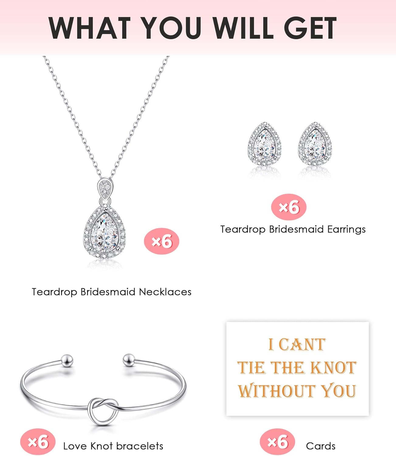 Fumete 6 Sets Wedding Bridesmaid Jewelry Set Gift for Women Silver Rhinestone Drops Necklace Earrings Bracelet for Bridesmaid Bridal Party - Image 3