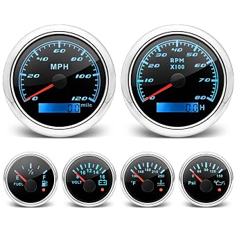 ARTILAURA 6 Gauge Set 3-3/8" 85mm GPS Speedometer, Tachometer, 2-1/16" Fuel Level, Water Temperature, Oil Pressure, Volt 7 Color Boat Gauges Kit for Marine Truck Car Black Silver