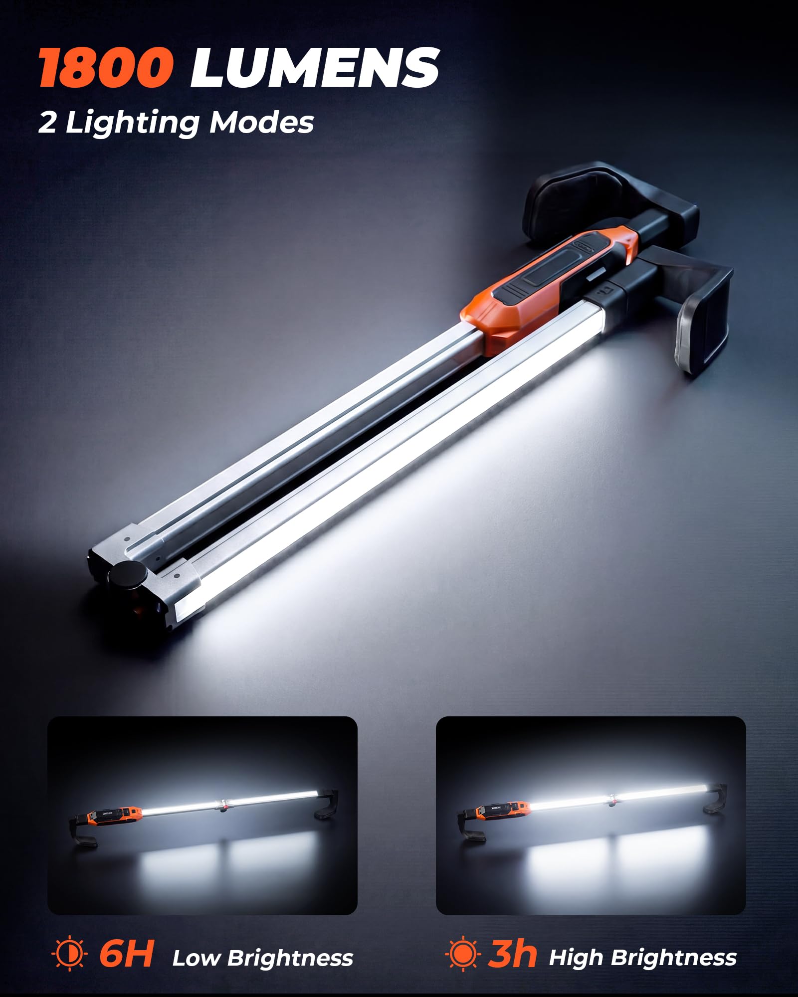 Unterhauben-Arbeitslichtleiste, 180 ° faltbares mechanisches Licht & 360 ° drehbarer Ständer, ausziehbar 115 cm - 185 cm, 1800 lm wiederaufladbares LED-Arbeitslicht, 2-in-1-Lademodi, Motorraum-Licht