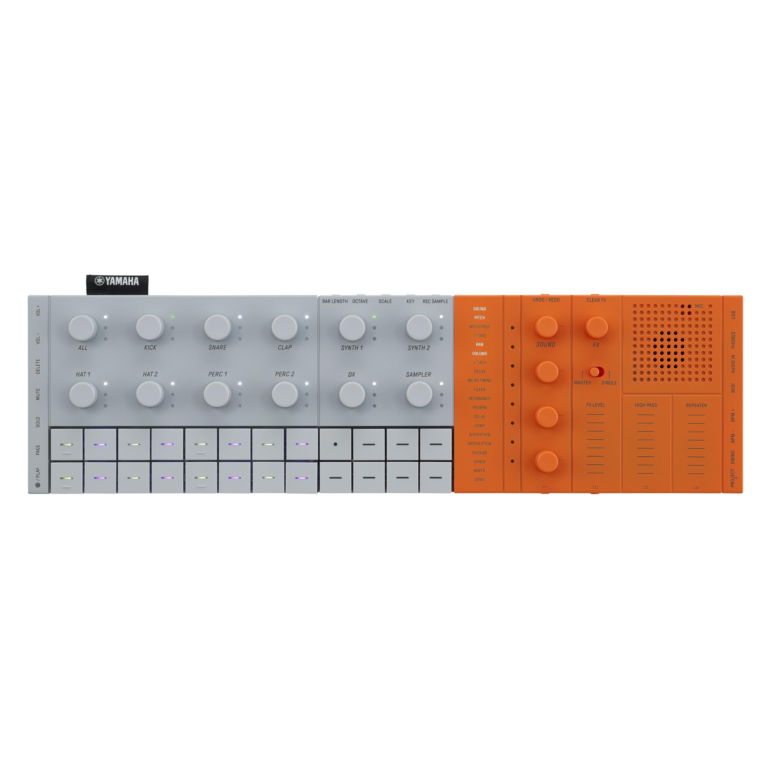 Yamaha SEQTRAK, Groovebox nomade – Studio de Production tout en un avec les moteurs audio Yamaha AWM2 + FM, un lecteur/enregistreur d'échantillons, et un haut parleur. Fonctionne sur batterie – Orange