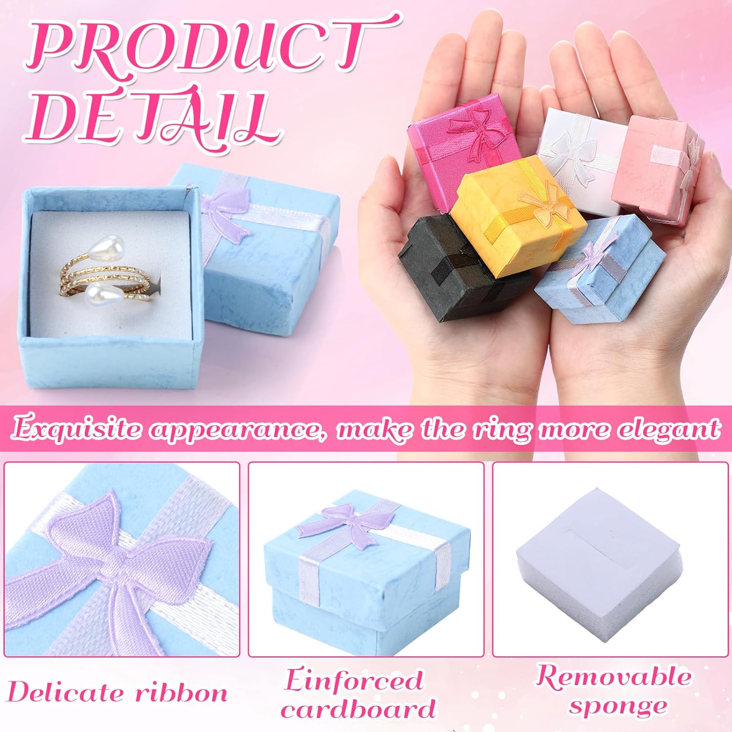 Bucherry 72 Pcs Ring Boxes 1.6 x 1.6 In Hard Cardboard Jewelry Box with Ribbon Bow Small Jewelry Gift Cases for Small Business(Bright Color)