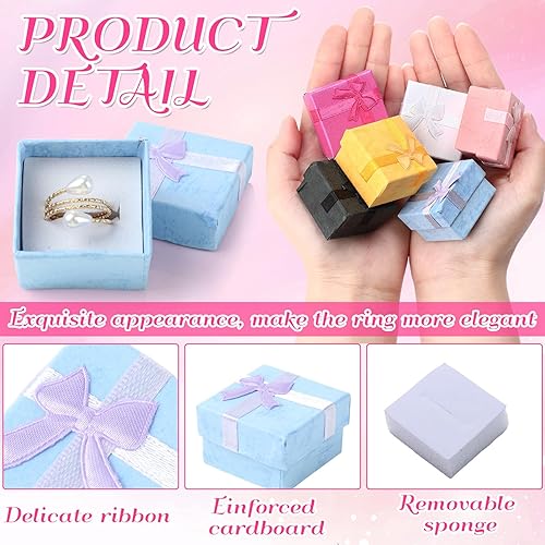 Miniatura 8 de Yinkin Juego de 120 cajas de regalo de anillo de cartón con lazo cuadrado de colores surtidos, caja de regalo pequeña dura para aretes, caja de