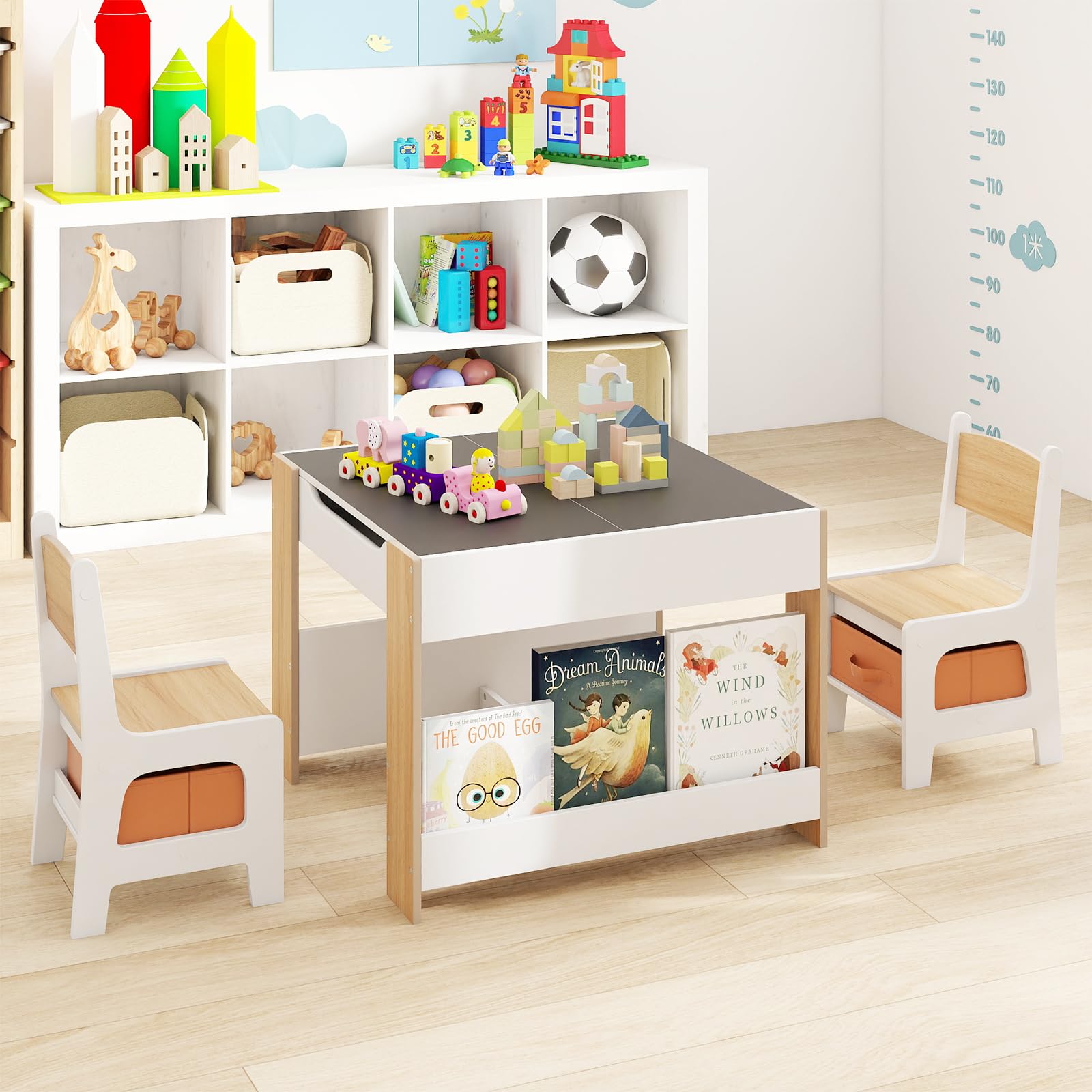 LIFEZEAL Kindertisch mit 2 Stühlen, 3 in 1 Aktivitätstisch Tafeltisch Maltisch mit wendbaren Tischplatten & Bücherregalen, 3 TLG Kindersitzgruppe Kinder zum Zeichnen, Lesen und Spielen (Natur)