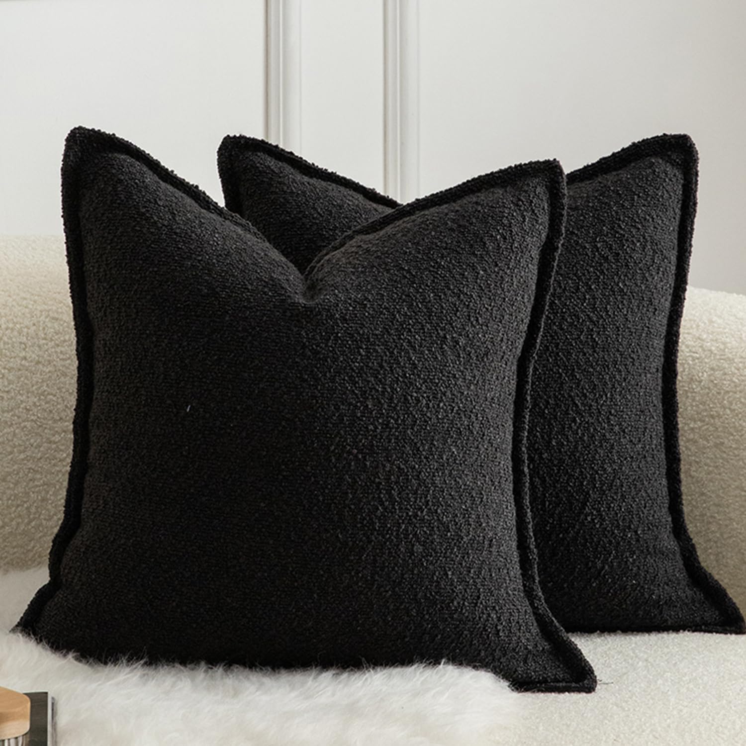 MANDIOO Pack of 2 Decorative Throw Pillow Covers Accent Solid Woven Textured Cushion Covers Pillow Cases Bedroom Living Room Sofa Home 16 x 16 lnch Black Black 16" x 16" (Pack of 2)