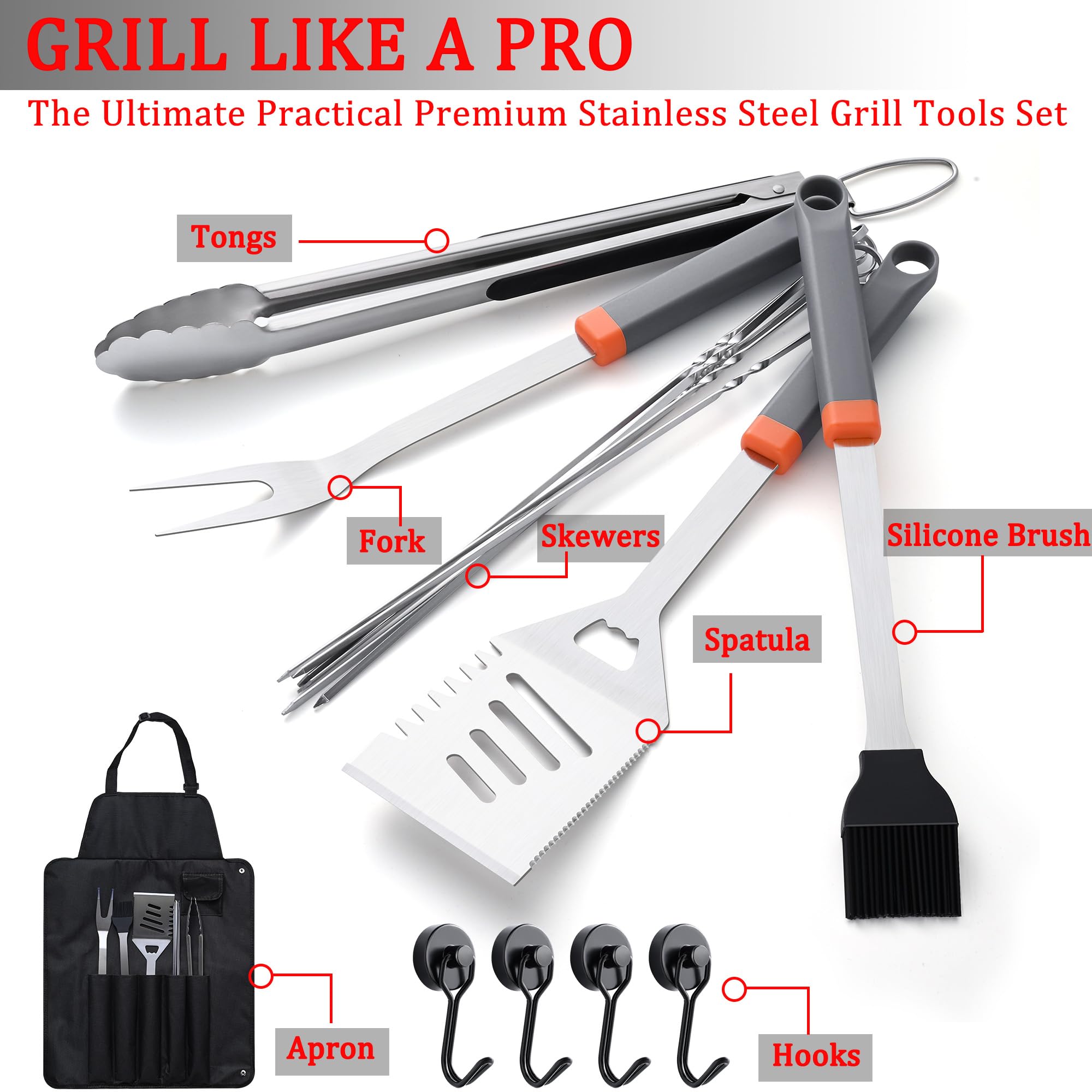 15 Stück Edelstahl BBQ Grillwerkzeuge Set, Premium BBQ Grillzubehör mit Haken & Aufbewahrungsschürze für Outdoor Grill, Kochen, Camping, Vatertag Grillen Geschenke für Männer Papa