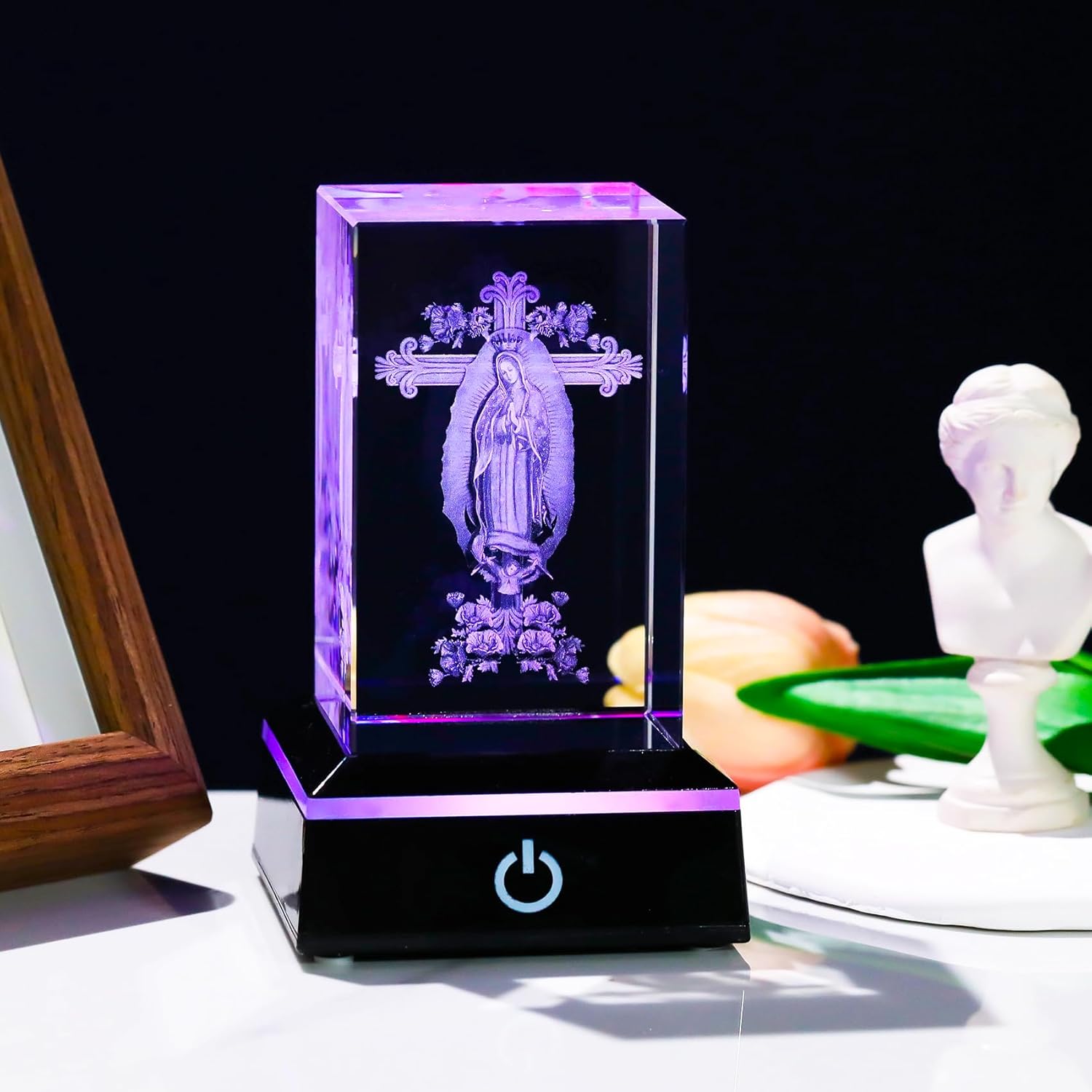 YWHL 3D Crystal Virgen De Guadalupe Statues with Cross, Our Lady of Guadalupe Figurine with Colorful Base Laser Engraved Christian Religious Gifts for Women Friends Family, Virgin Mary Home Decor - Image 5
