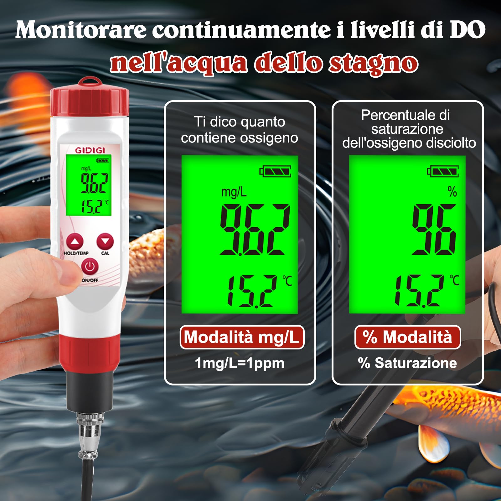 Misuratore di ossigeno disciolto per acqua, tester di ossigeno per laghetti, tester DO per acquari con acque reflue di laghetti, con più membrane, acqua priva di ossigeno, elettrolita, 0,0-40,0 mg/L