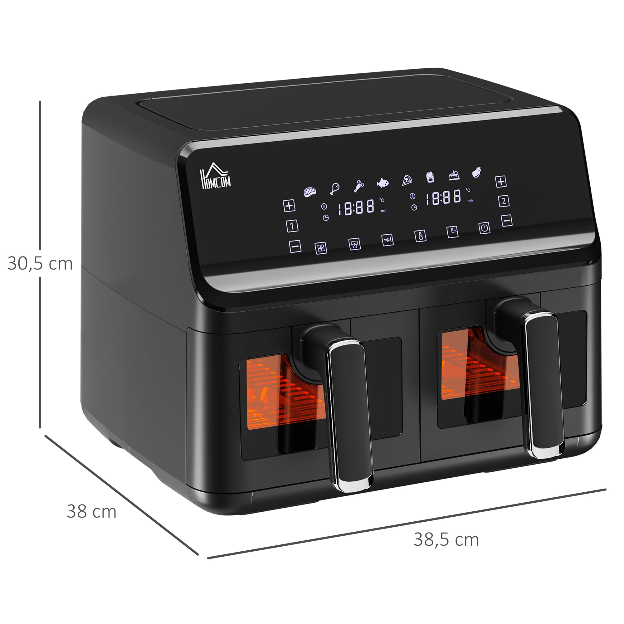 HOMCOM Freidora sin Aceite Doble 8L 2500W 38,5x38x30,5 cm Negro | Freidora de Aire, 8 Programas, Pantalla LED Táctil, Temperatura Ajustable 80-200℃, Temporizador, Cesta Antiadherente