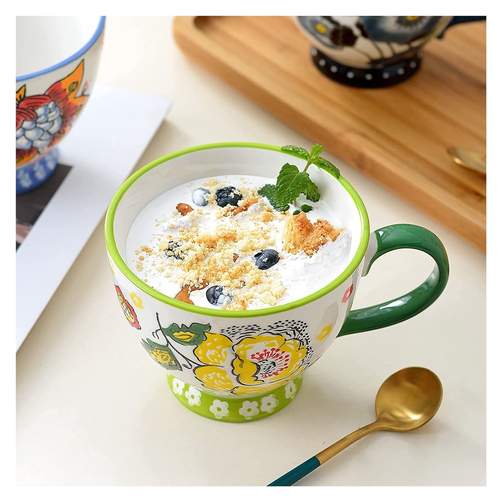 Filiżanka Kawy Ręcznie Kwiatowy Ceramiczny Kubek Do Kawy Zestaw 4 Kubków Latte do Herbaty Cappuccino, Kakao, Mleko i Woda Biały Matowy Szkliwiony Kubek z Uchwytem (Kolor: Pączek Kwiatu 4 Sztuk