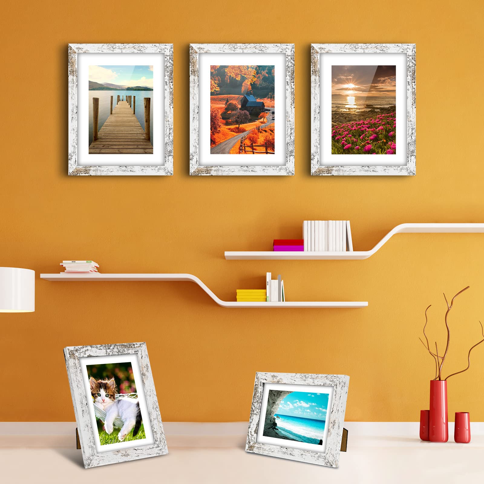 BEYAHELA Rustic Picture Frame 8x10 White - Display Photos 6x8 with Mat or 8x10 Without Mat Photo Frames -HD Glass Horizontal and Vertical Decor for Wall or Tabletop - Set of 6 (White)