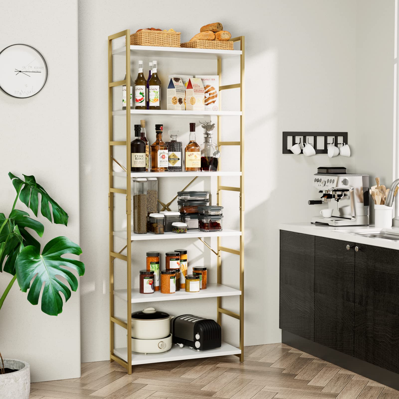 NUMENN 6 Tier Bookshelf, Tall Bookcase Shelf Storage Organizer, Modern Book Shelf for Bedroom, Living Room and Home Office, White/Gold