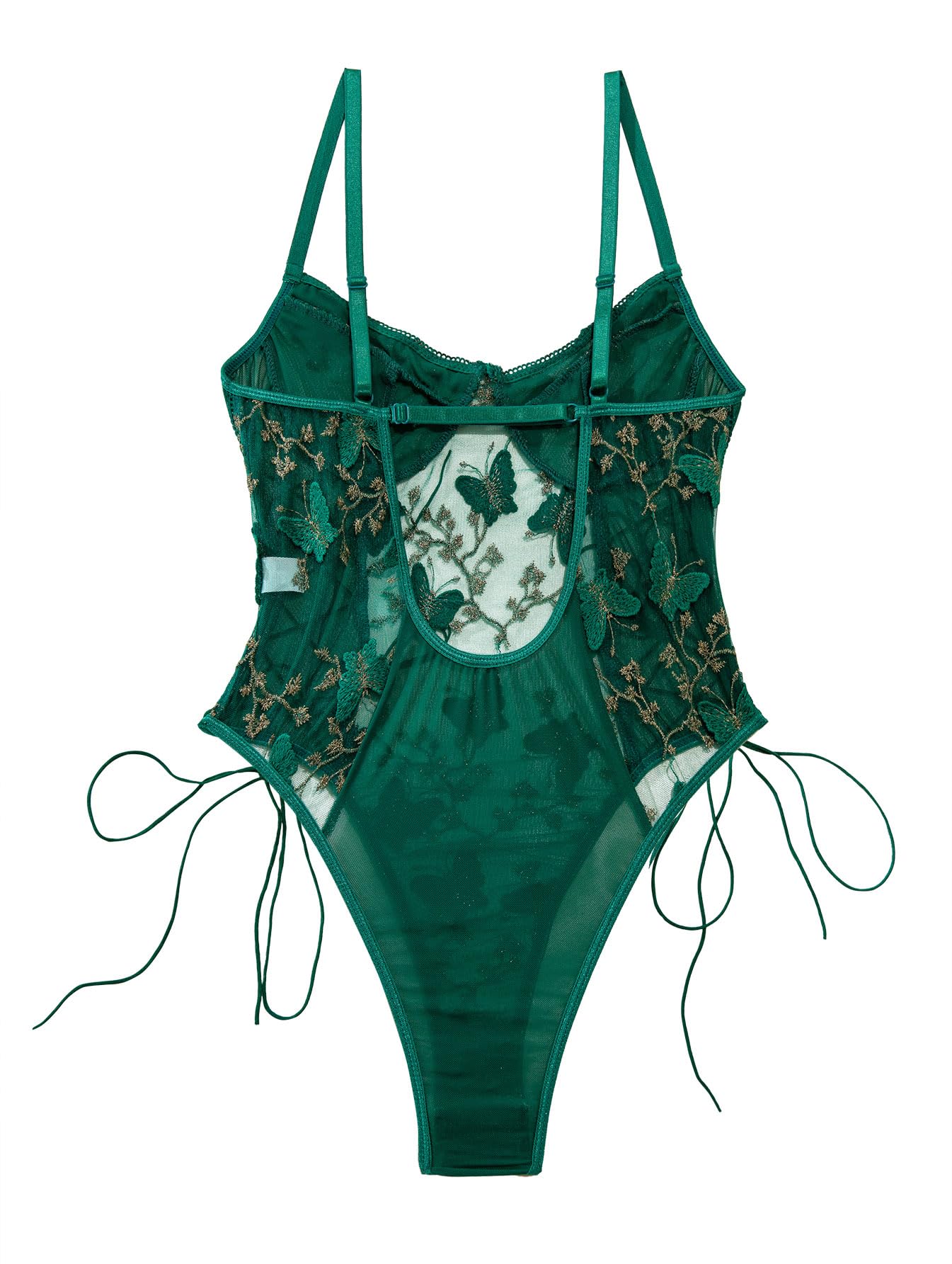 Lilosy Women Sexy Lace Up Floral Embroidered Teddy Lingerie Bodysuit Top Mesh Sheer One Piece: XX-Large Butterfly Army Green