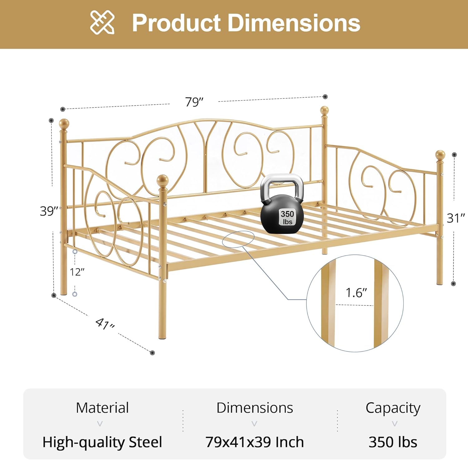 VECELO Twin Daybed Frame, Metal Day Bed with Headboard and Heavy Duty Steel Slats, Multifunctional Sofa Beds for Bedroom, Living Room, Guest Room, Gold
