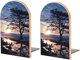 Wooden Bookends for Shelves Non-Skid Tree Branch Silhouette at Dusk Book Holder Heavy Duty Bookend Decorative Book Stopper for Home Office Book Stand for CDs 6.7 X 4.7 X 3.9”