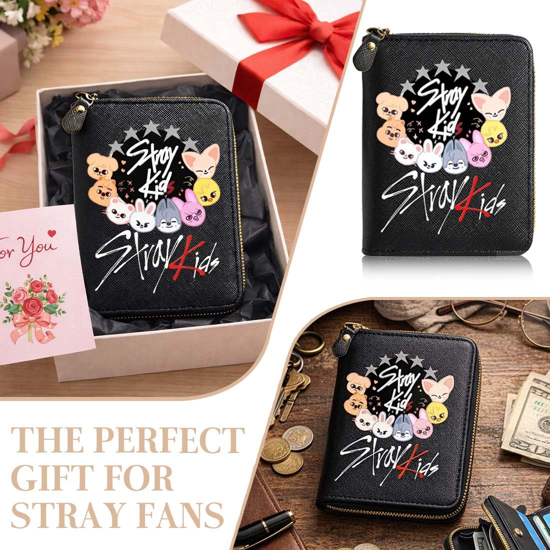 Cartera Negra De Stray Para Niñas, Cartera De Piel Sintética De Stray Con Cremallera, Skzoo Billetera