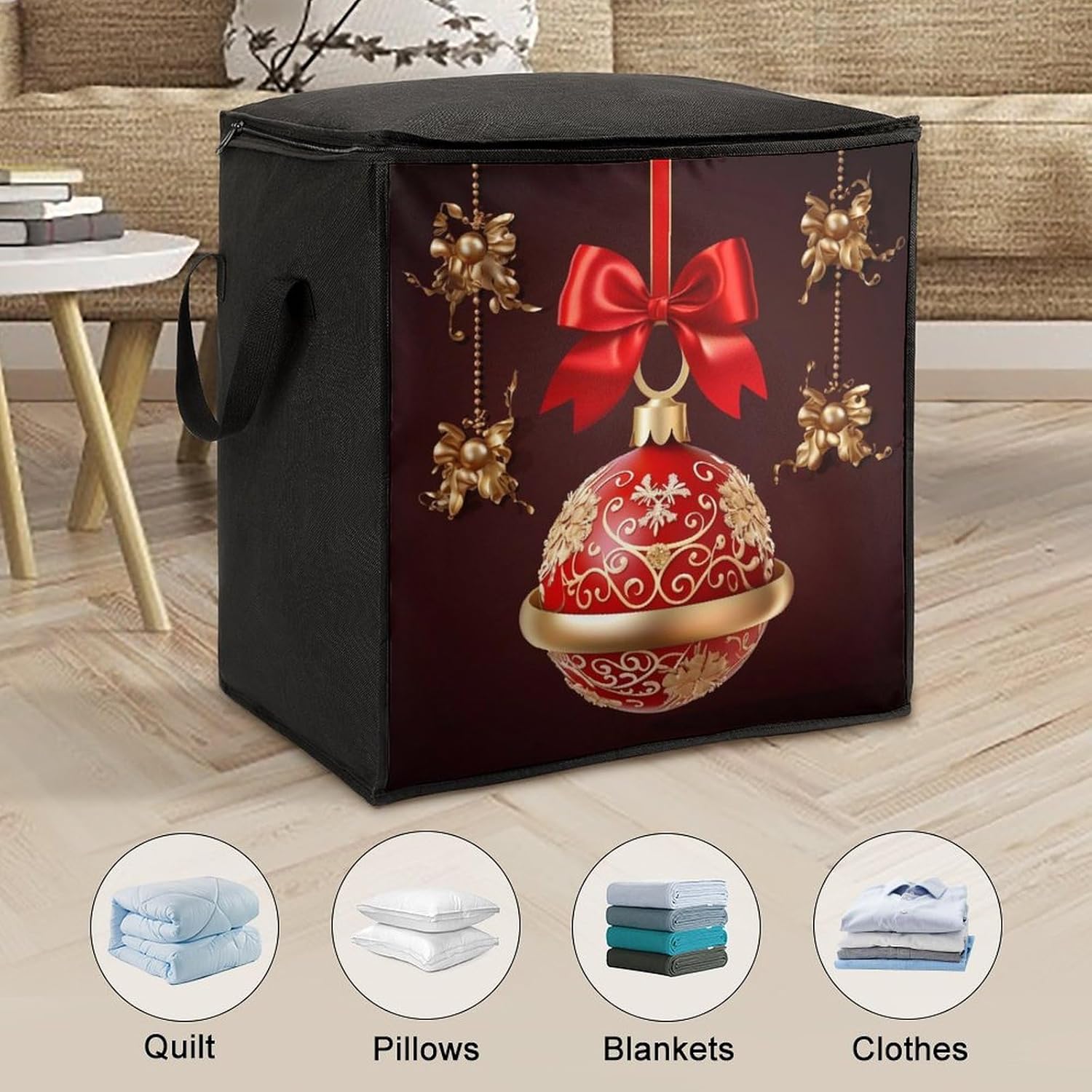 Quilt Storage Bag,Christmas Ball Golden Bell Printed Large Foldable Storage Container Portable Travel Storage Bag for Blankets, Quilts, Clothes, Comforter, Bedding And Pillows