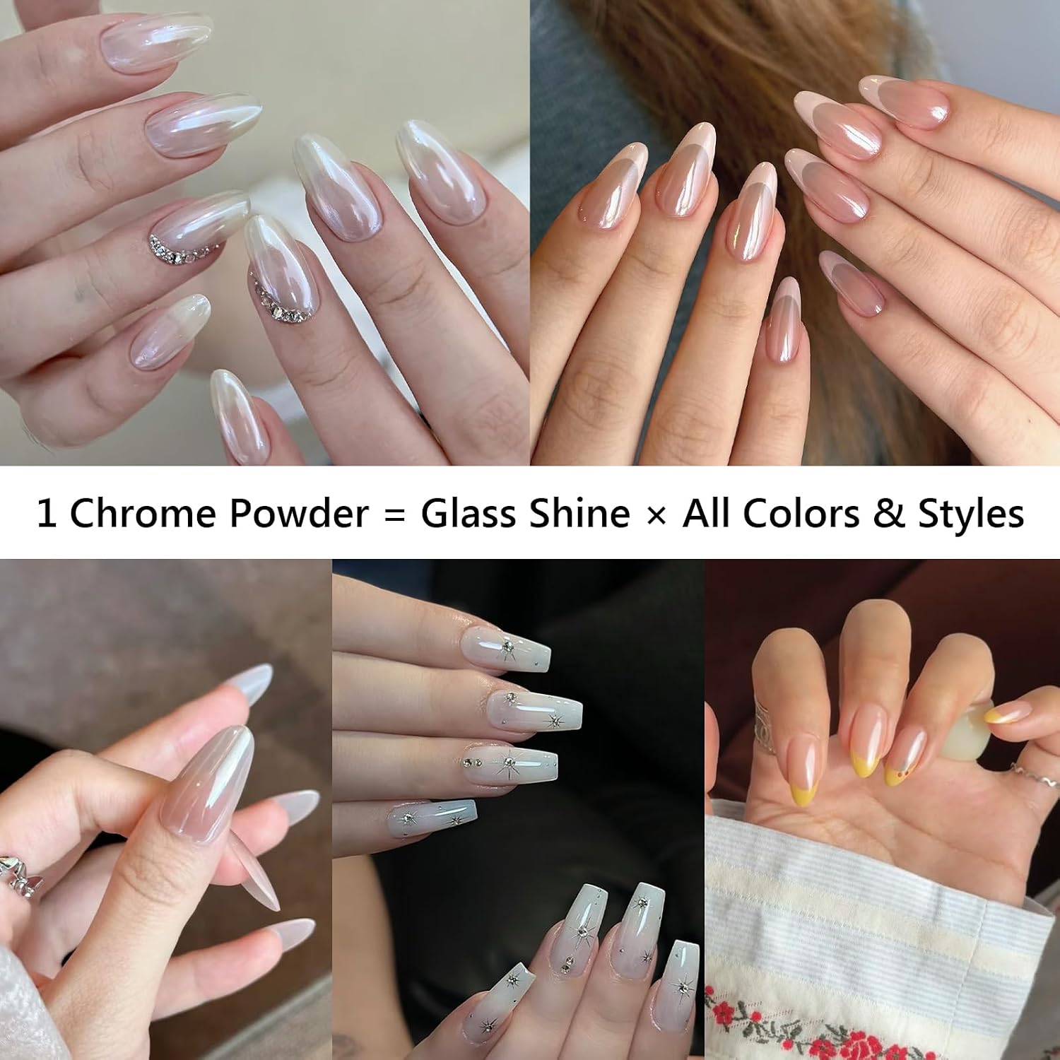 LIGHT RAIN 1.5g White Pearl Chrome Nail Powder Kit - Glass and Pearlescent Transparent Glitter Dust, 1400pcs 2mm Flatback Clear Crystal Rhinestones, 1 Applicator for Nail Art