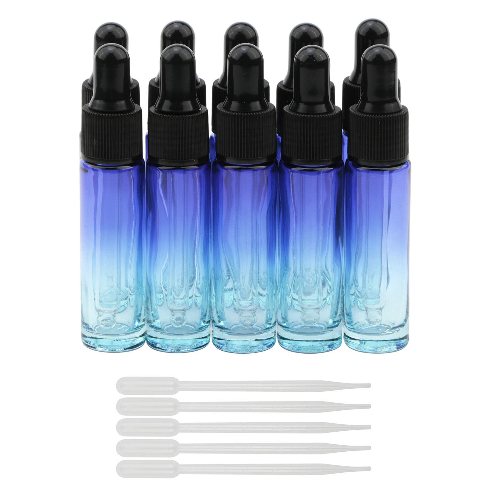 Pxyelec 10Pcs Dropper Bottles Set, 10ml (1/3 oz) Blue Gradient Glass Dropper Bottle with 5ml Tapered Plastic Droppers, Essential Oils Perfume Makeup Refillable Bottles Vial