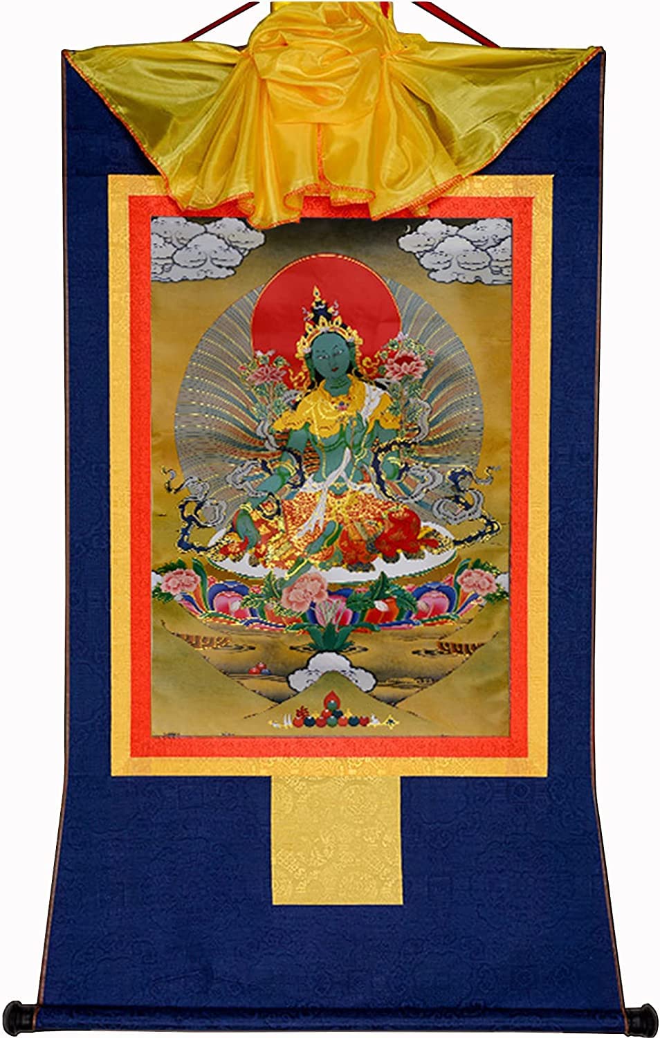 VHKJewE Tantric Tibetan Buddhist Thangka Wall Hanging,Green Tara,Khadiravani,Hot Stamping Brocade Tapestry(Blu,Medium(62cm*47cm))