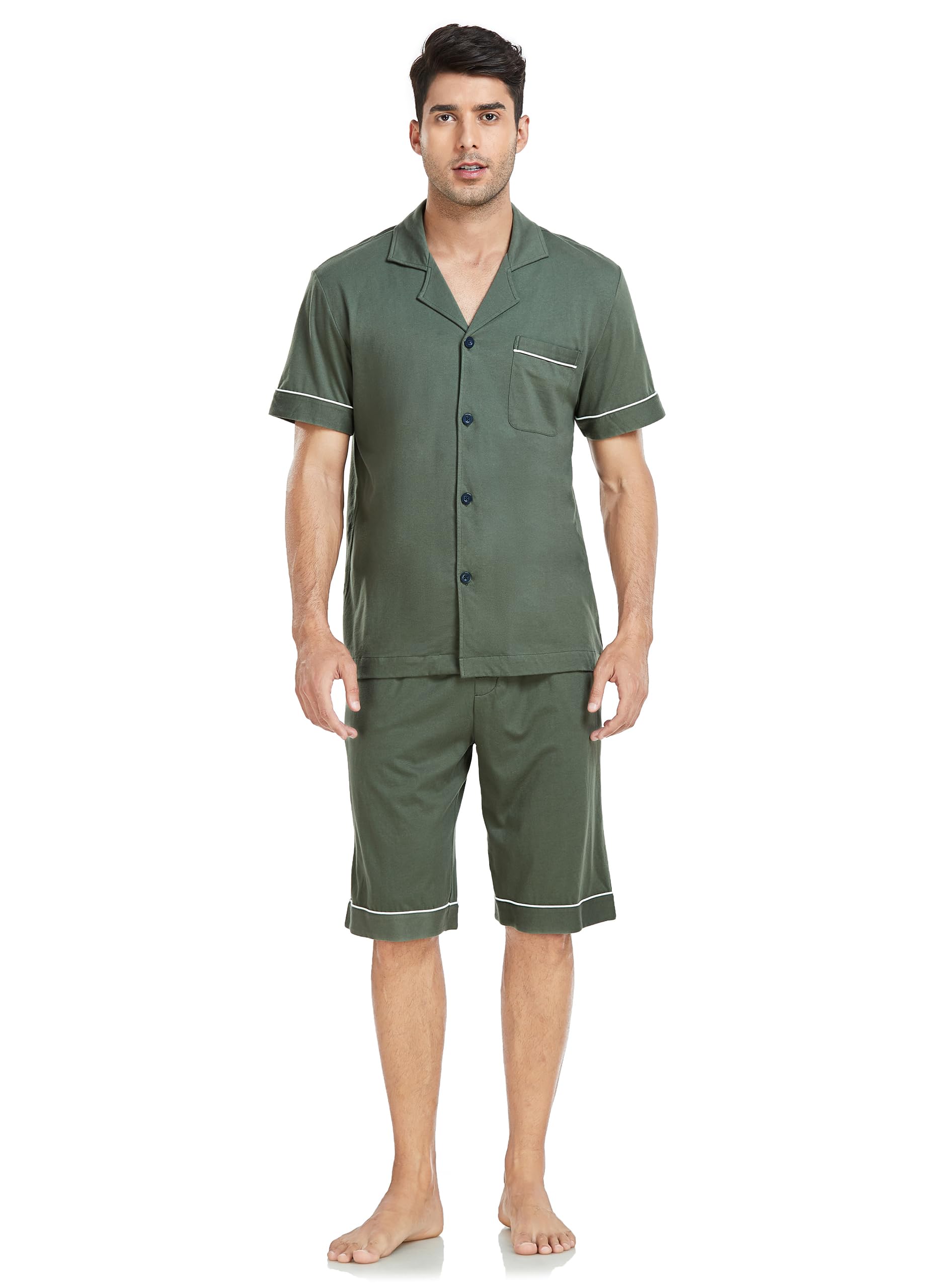EA'S SECRET Schlafanzug Herren Kurz Baumwolle Pyjama Set Zweiteiliger Nachtwäsche Oberteile und Kurze Hose mit Knopfleiste