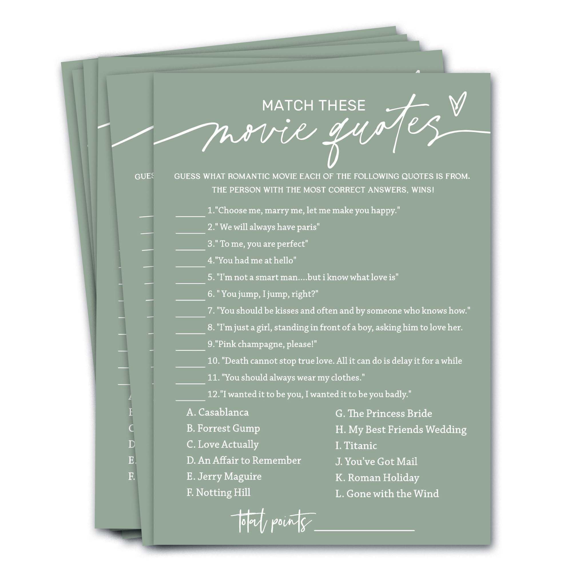 Movie Quote Match Game Cards – 25 Fun Bridal Shower & Wedding Party Games For Guests (Minimalist Green Design)
