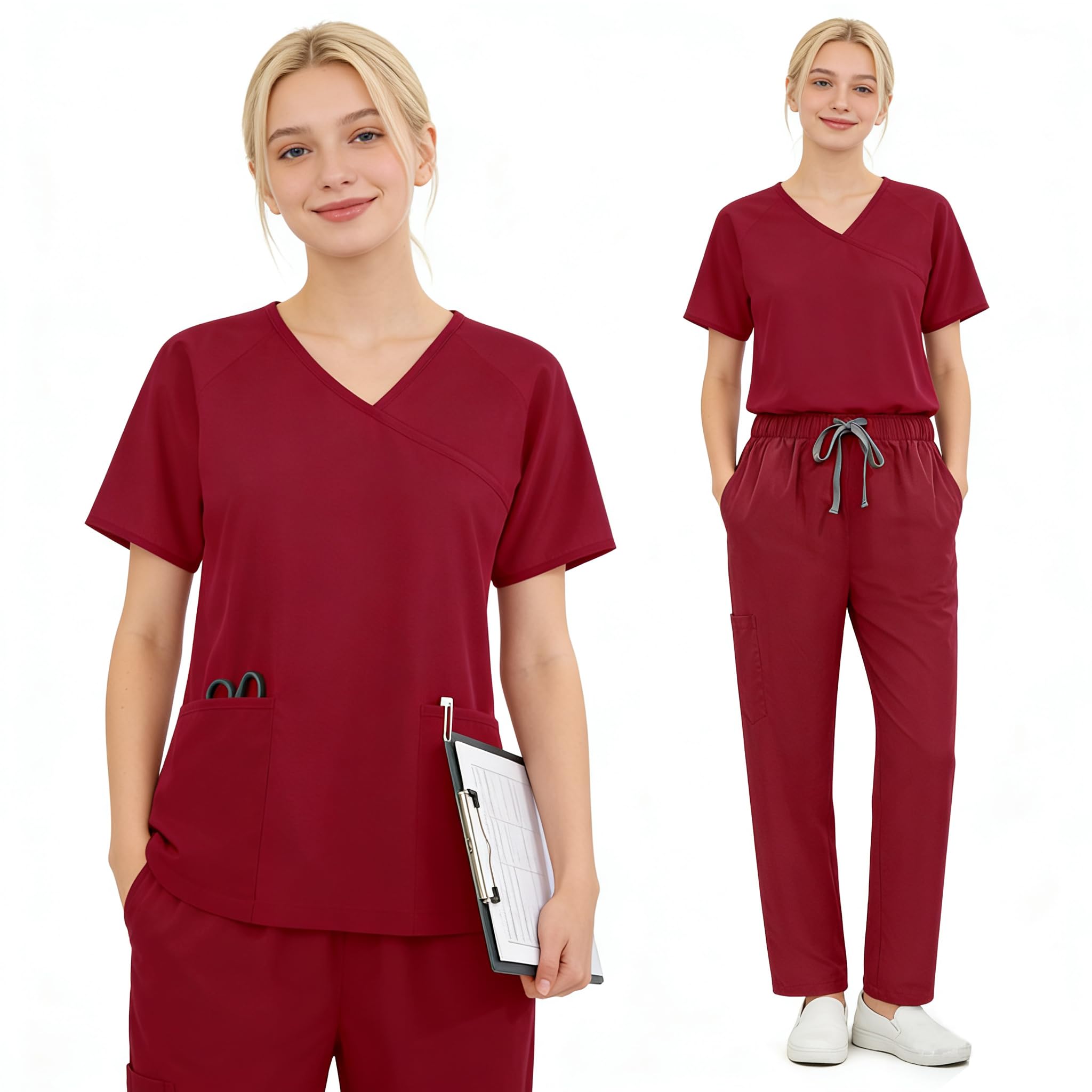 Set da donna a maniche corte con scollo a V, cravatta in vita, gamba dritta, regolabile, uniforme medica per lavoro infermieristico, DK89