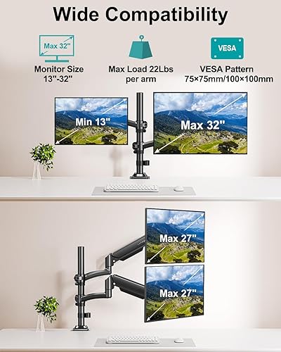Miniatura 5 de Soporte de monitor doble para escritorio, brazos de monitor más altos para 2 pantallas de hasta 32 pulgadas, soporte ergonómico ajustable para