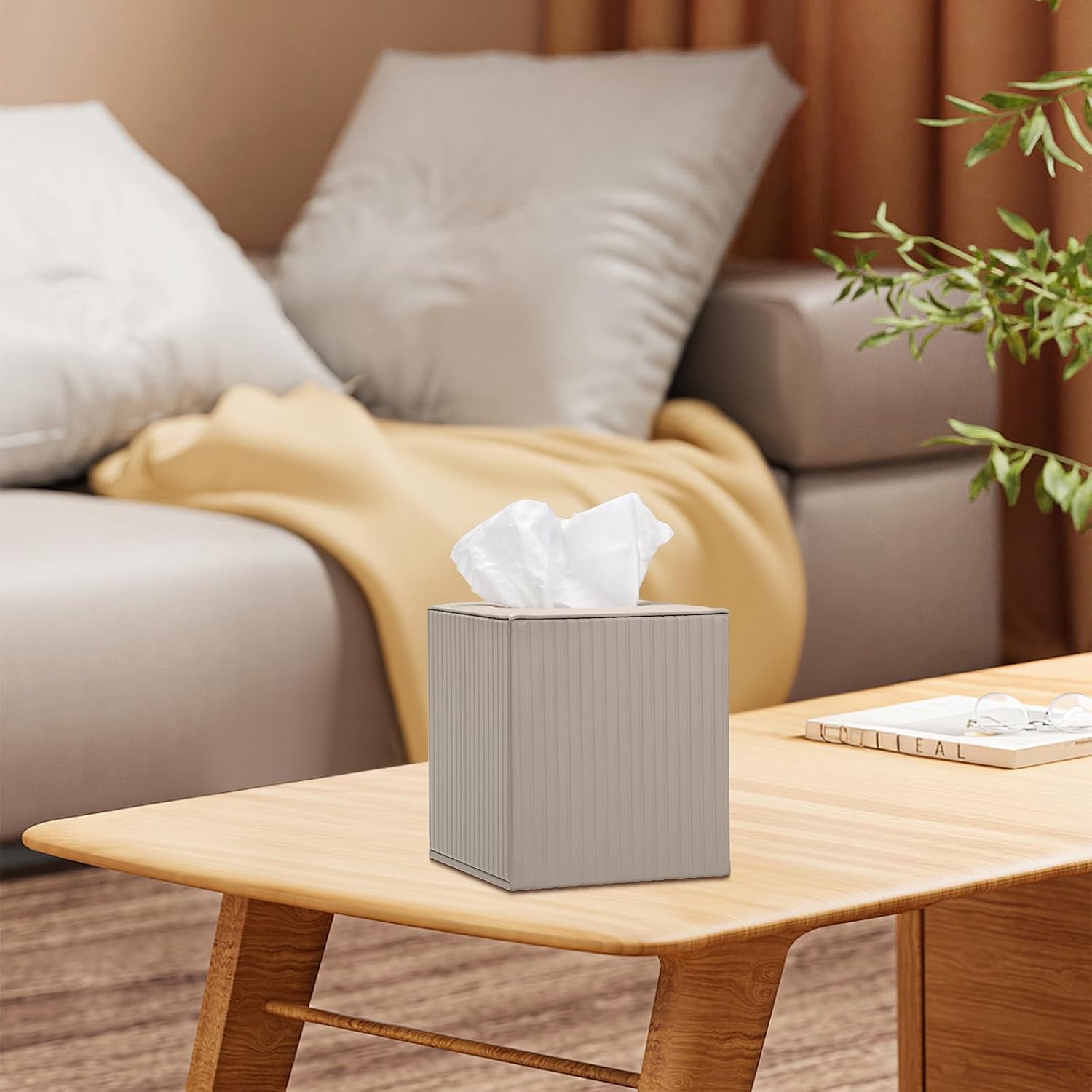 Sumnacon PU Leather Tissue Box Cover Modern Square Tissue Box Holder with Magnetic Closure Decorative Tissue Dispenser Stripes Textured Tissue Holder for Bathroom Car Home Office, Beige