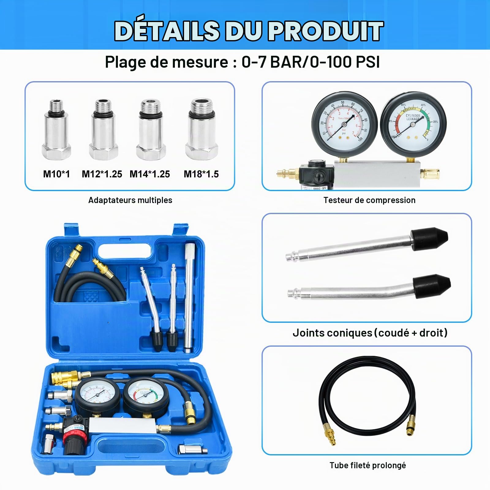 Kit de testeur de compression TU-21, testeur de fuites de cylindre, kit automobile,détecteur de fuites de compression moteur,ensemble d'outils pour tests de pression et de taux de fuite avec rallonge
